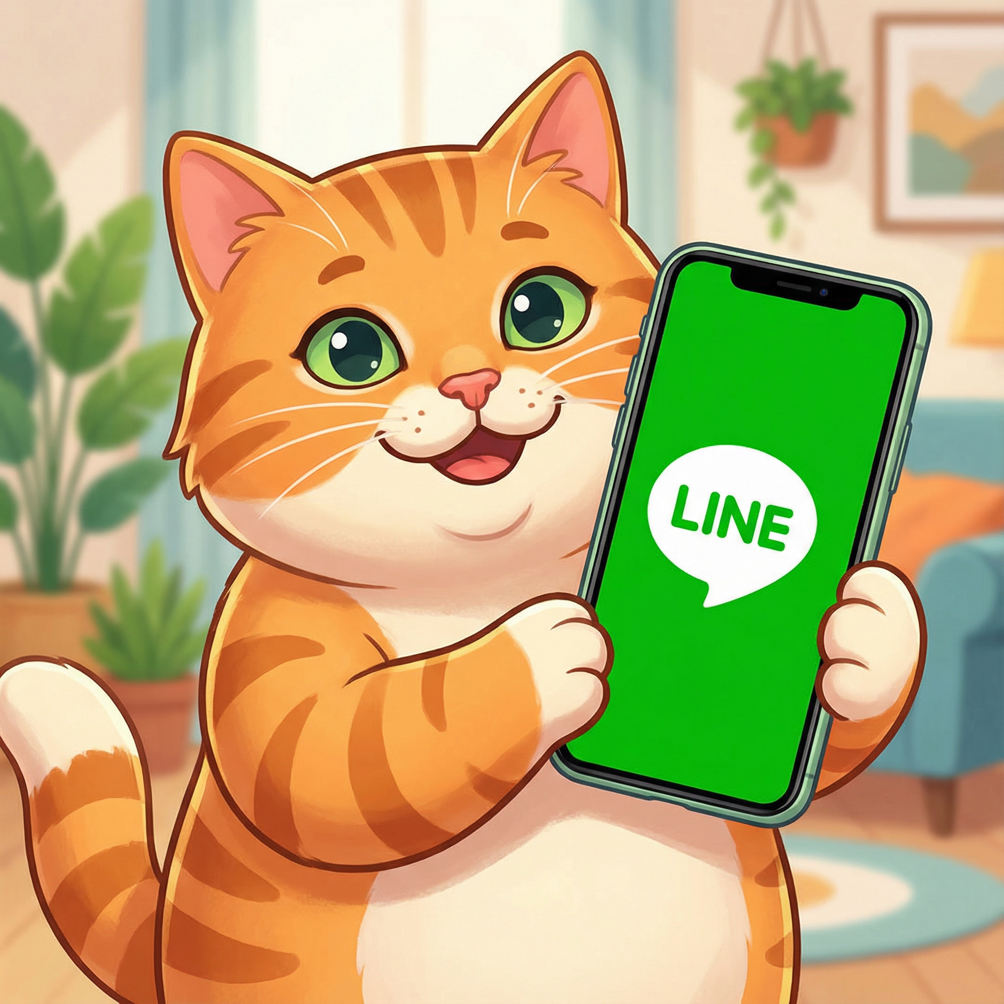 可愛橘貓拿著手機顯示 LINE 畫面